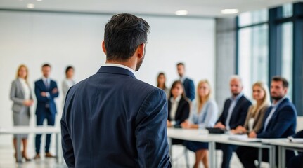 Confident businessman giving a presentation in front of crowd in meeting conference seminar room. Leadership authority teamwork in business concept