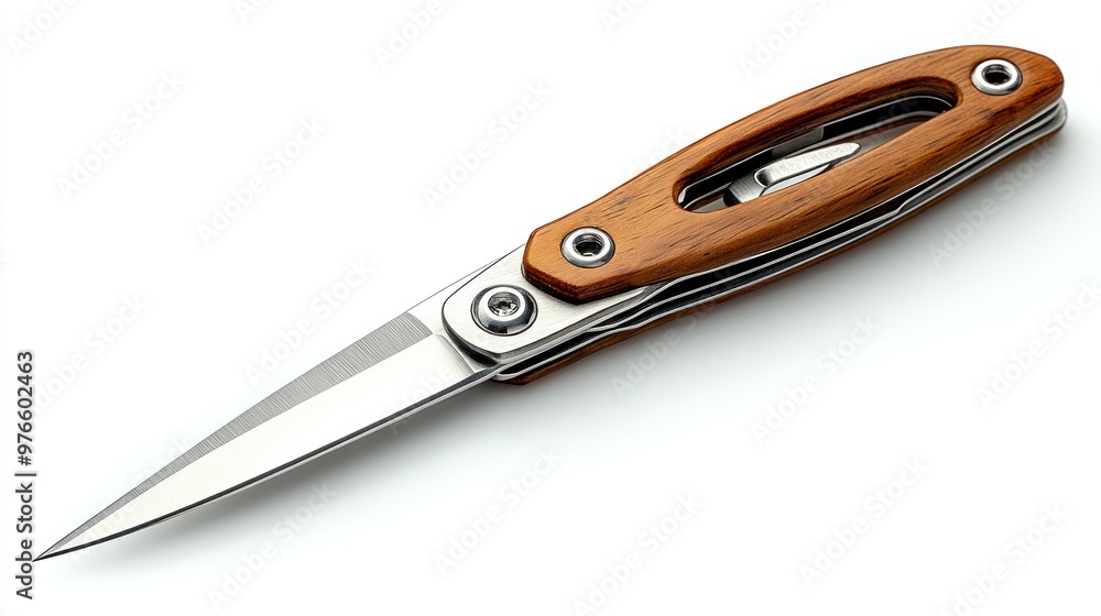 Poster a sleek folding knife with a wooden handle and a sharp blade.