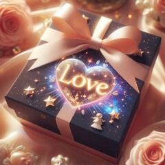 Close-up of a gift box featuring love symbol in vertical format
