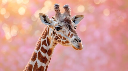 Obraz premium Giraffe Portrait with Pink Bokeh Background