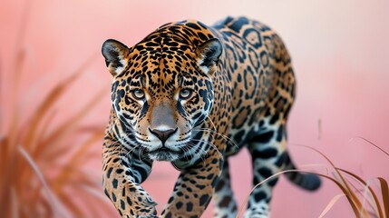 Obraz premium Close up of a Jaguar with Rosette Pattern and Intense Stare in a Pink Blurred Background