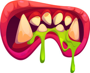Halloween monster mouth with drool jaws and saliva tongue for horror holiday, cartoon vector. Werewolf or zombie monster beast mouth with vampire ogre fang teeth and green saliva for horror night
