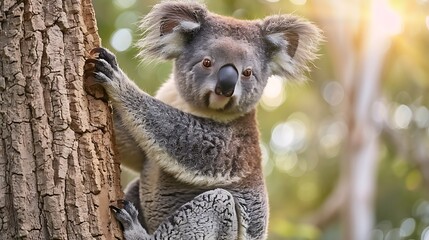 Naklejka premium Cute Koala Bear Climbing Tree in Natural Habitat