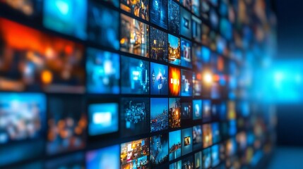 Fototapeta premium Blurred video screens displaying news and shows, digital media concept with cinematic style