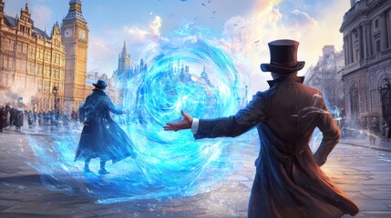 Obraz premium Dramatic Wizard Duel in 19th Century London Streets with Magical Energies