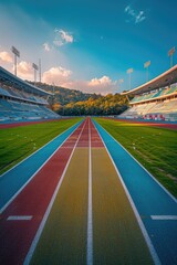 Fototapeta premium Panoramic view of the sports stadium and red running track