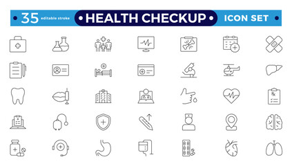 The health checkup line icon is set with health care, institution, patient, science, medical equipment, and general and emergency departments. Editable stroke outline icon. 