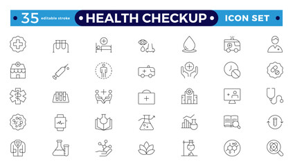 The health checkup line icon is set with health care, institution, patient, science, medical equipment, and general and emergency departments. Editable stroke outline icon. 