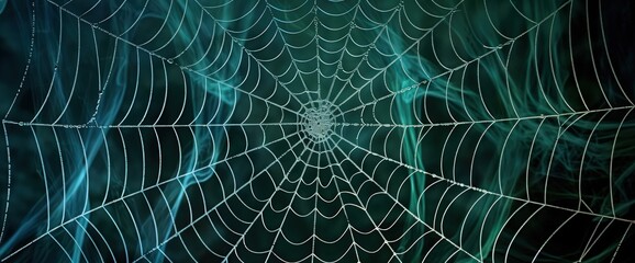 Intricate spider web silhouette bathed in eerie blue and green hues, dark wall background, Halloween setting.