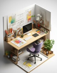 Vibrant Creative Study Room 3D Render with Art Desk and Drafting Chair