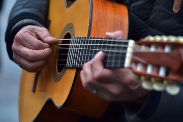 Fototapeta premium Close-up of street musician's hands playing guitar, vibrant festival colors and textures