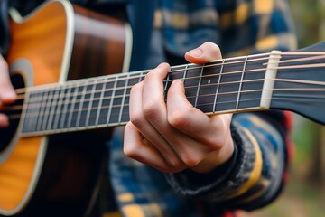Fototapeta premium Close-up of street musician's hands playing guitar, vibrant festival colors and textures