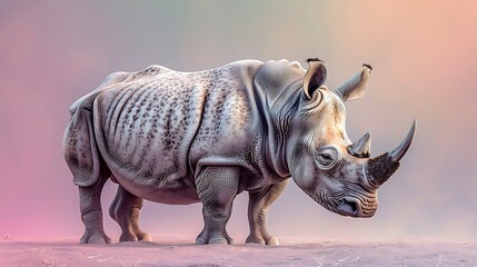Fototapeta premium White Rhinoceros Standing in Sandy Habitat with Pink Background
