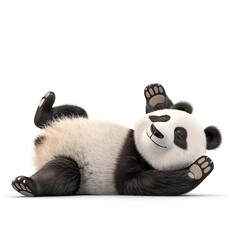Obraz premium 3D illustration of a cheerful panda lying on its back, isolate on white background, side view, natural lighting, realistic fur and relaxed pose