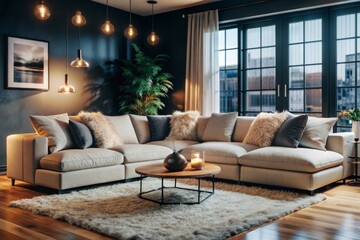 Cozy Living Room with Light Beige Sectional Sofa