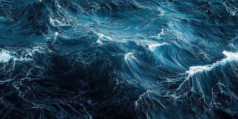 Obraz premium Top view of dark blue ocean wave surface, swirling, abstract.
