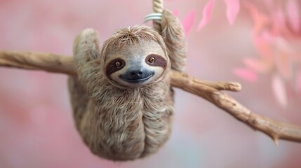 Obraz premium Cute Sloth Hanging On Branch With Pink Background