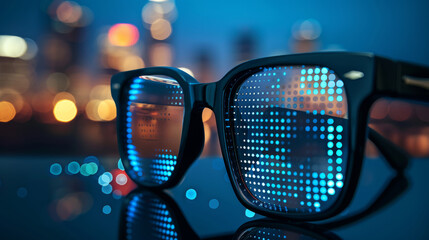 Blue smart glasses displaying augmented reality data