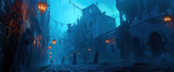 Haunted urban street scene with spectral figures and flickering lanterns casting eerie shadows, under a deep blue sky. Full ultra HD, high resolution --ar 12:5 --no noise --v 6.0 - Image #2 @hamza