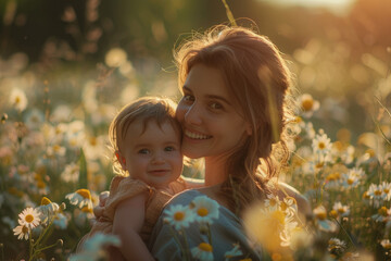 Obraz premium Mother and baby in the flower bushes in the outskirts