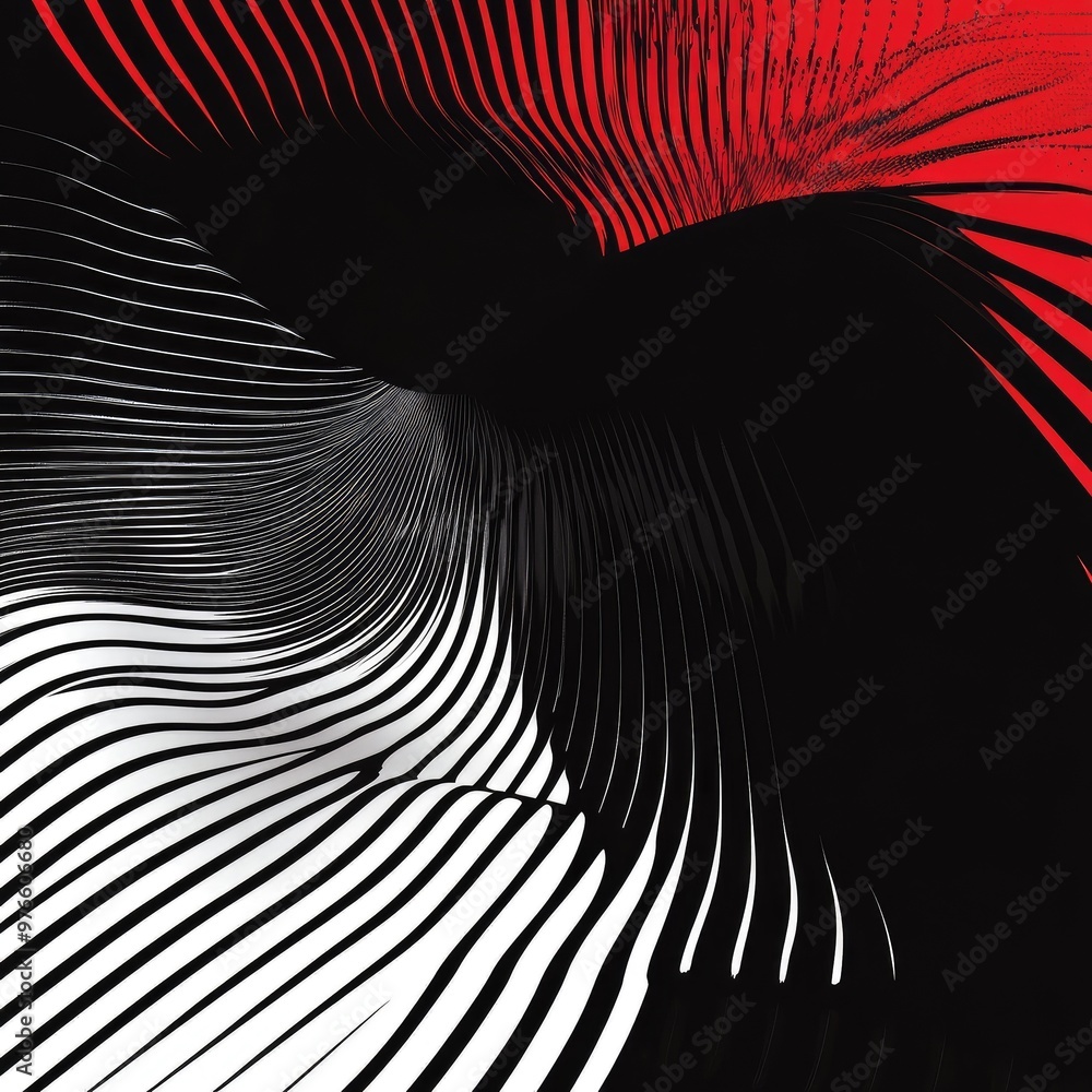 Poster abstract design featuring dynamic black and white lines with bold red accents, creating a visually s