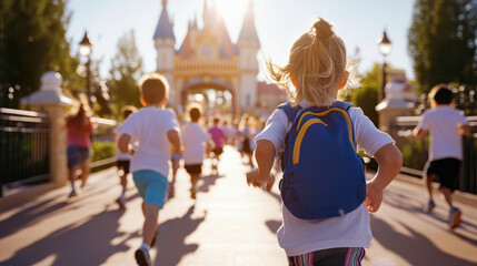 A group of children excitedly runs towards theme park entrance, filled with joy and anticipation. sun shines brightly, creating magical atmosphere as they approach colorful castle