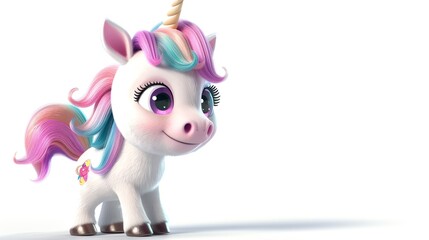 3D illustration of an adorable unicorn with wide eyes and a smile, isolate on white background, side view, bright lighting, detailed fur and friendly expression