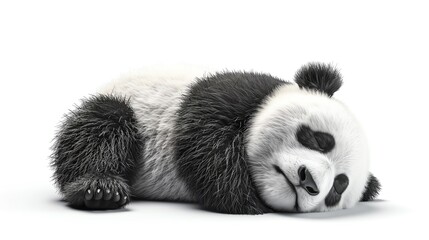 Obraz premium 3D illustration of an adorable panda sleeping, isolate on white background, side view, bright lighting, detailed fur and peaceful pose