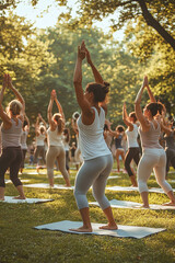 Diverse group of people practicing yoga in a park
