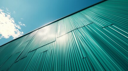 Wall of warehouse green metal building against industrial with blue sky background in perspective view