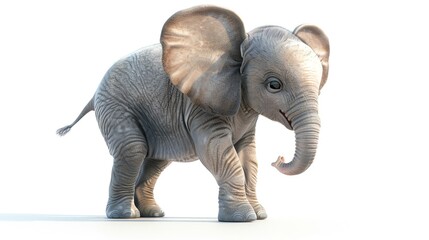 Fototapeta premium 3D illustration of an adorable baby elephant with big ears, isolate on white background, side view, natural lighting, realistic skin and playful pose