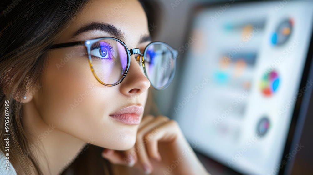Poster focused woman analyzing seo strategy on digital platform, wearing glasses, with thoughtful expressio