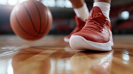Naklejka premium close-up of a basketball player feet as he makes a quick move on the court