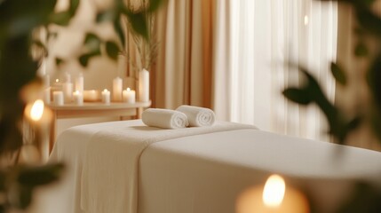 serene spa setting with a tranquil massage table surrounded by candles and soft lighting, exuding a calming atmosphere