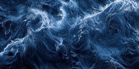 Top view of dark blue ocean wave surface, swirling, abstract.