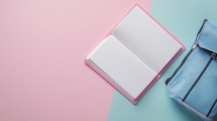 Blank white book open white school bag top of view copy space background
