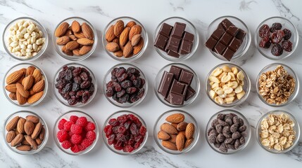 Obraz premium Healthy Snack Food Ingredients in Bowls on Marble Table