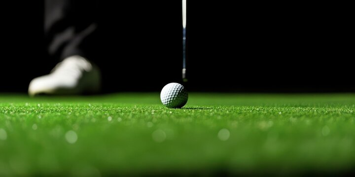 A golfer's foot and club are seen in the process of putting a golf ball on smooth, well-maintained green grass, representing the sport of golf and precision.