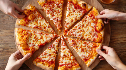 Pizza Sharing. Four hands reaching for slices of a freshly baked cheese pizza