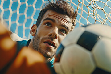 Close-up of a determined soccer goalkeeper watching the ball, ready to dive