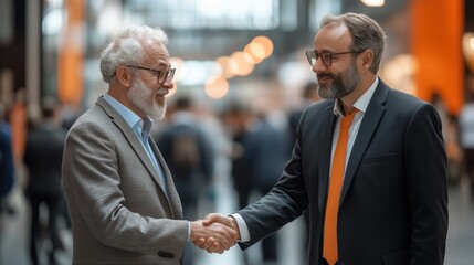Old business professional man in a smart formal suit, shaking hands with a client, elder shaking hands