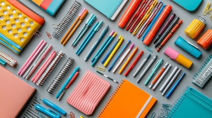 Obraz premium Colorful School Supplies and Stationery Flat Lay on Grey Background