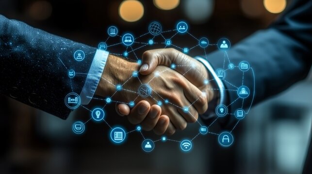 Business professionals in a smart formal suit, shaking hands with each other, with neon hologram illustration of business icons around, connectivity