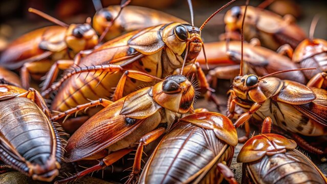 A cluster of brown-coated cockroaches, adorned with lengthy antennae and glossy shells, reveals the unsettling beauty