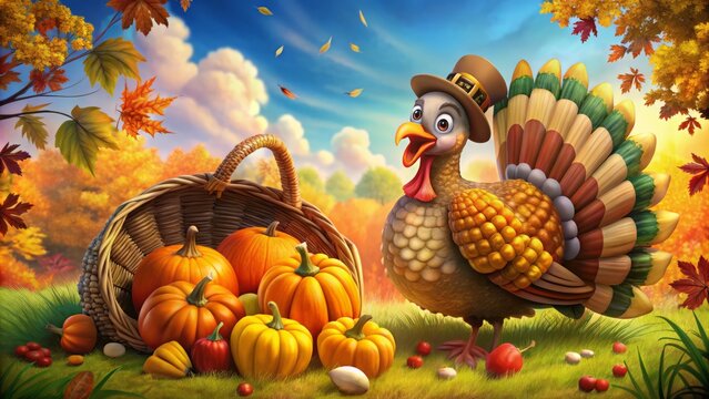A colorful illustration features a cheerful animated turkey surrounded by a pumpkin, overflowing cornucopia, and autumn