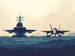 A fighter jet taking off from an aircraft carrier. .