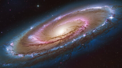 A photo of a galaxy with a dark central region and bright spiral arms. The spiral arms contain many bright blue stars and pink nebulae. The dark central region is surrounded by a faint halo.