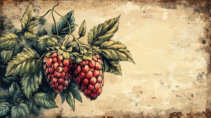 ripe raspberries surrounded by green leaves on a vintage textured background.