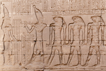 wall Reliefs at the Temple of Edfu at Aswan Egypt.