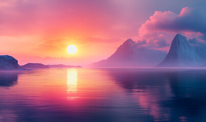 Fototapeta premium Surreal sunset over ocean, pastel hues, distant rock, calm water, ethereal and peaceful scene